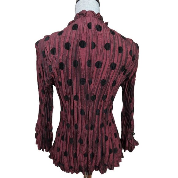 Piano Crinkle Button Up Shirt Womens M Burgundy Black Polkadot Party Whimsical - Picture 3 of 9